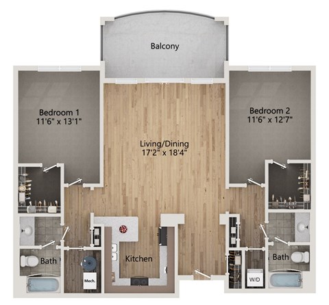 A floor plan of a home with a balcony, two bedrooms, a living/dining area, a kitchen, two bathrooms, and a workspace.